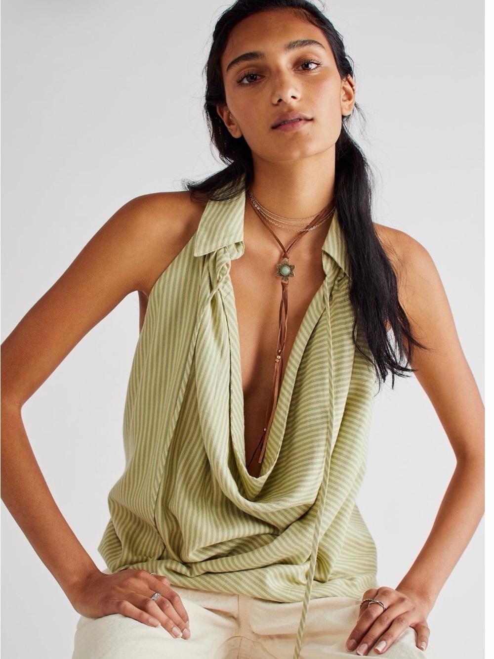 Free People Striped Draped Cowl Halter Tank - Light Olive